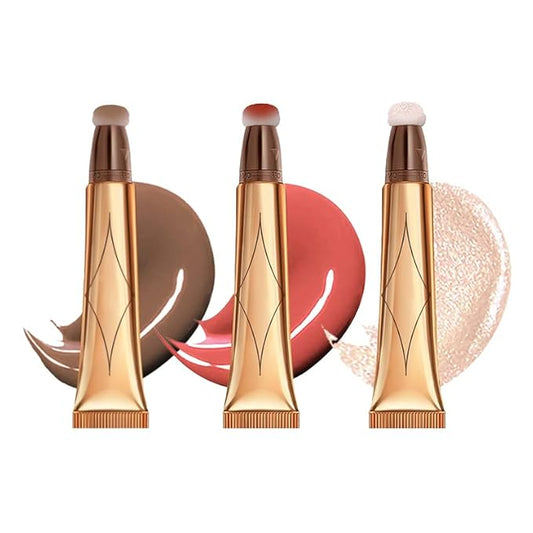 3 Color Contour Beauty Wand, Highlighter ，Blush，Face Concealer Contouring With Cushion Applicator Long Lasting & Smooth Matte Finish Liquid Illuminator Makeup Stick .01 Contour+03 Cherry Red+04 Pear White-Velvo Beauty