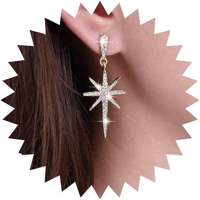 Vintage Crystal Northstar Dangle Earrings Rhinestone Northstar Studs Earrings Gold Cz Star Drop Earrings Sparkly Cz Starburst Earrings Jewelry for Women-Velvo Beauty