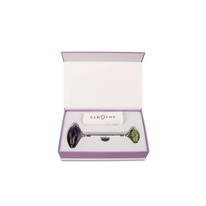 Amethyst + Jade Roller for Face and Neck Massage, Dual Gemstones with Durable Steel Handle and Travel Bag. Minimize Wrinkles, Reduce Puffiness and Restore Skin's Elasticity and Radiance-Velvo Beauty