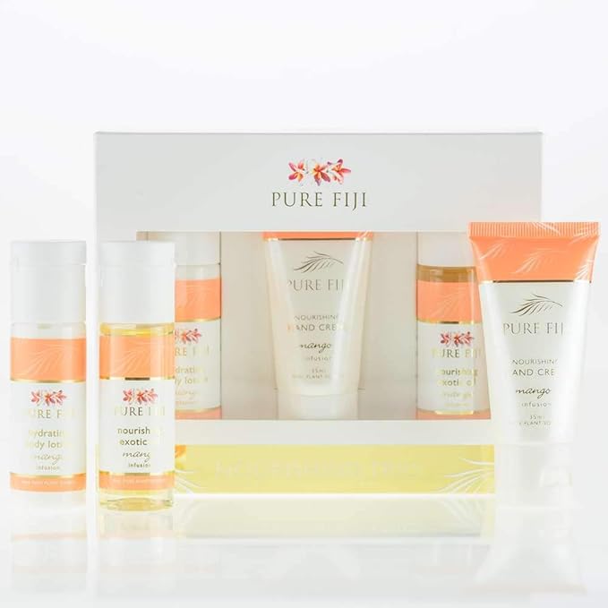 Pure Fiji Nourishing Trio, Ideal Spa Bath Gift Set for Women - Travel Kit - Includes Exotic Body Oil , Hydrating Body Lotion For Women and Nourishing Hand Cream, Mango Scent-Velvo Beauty