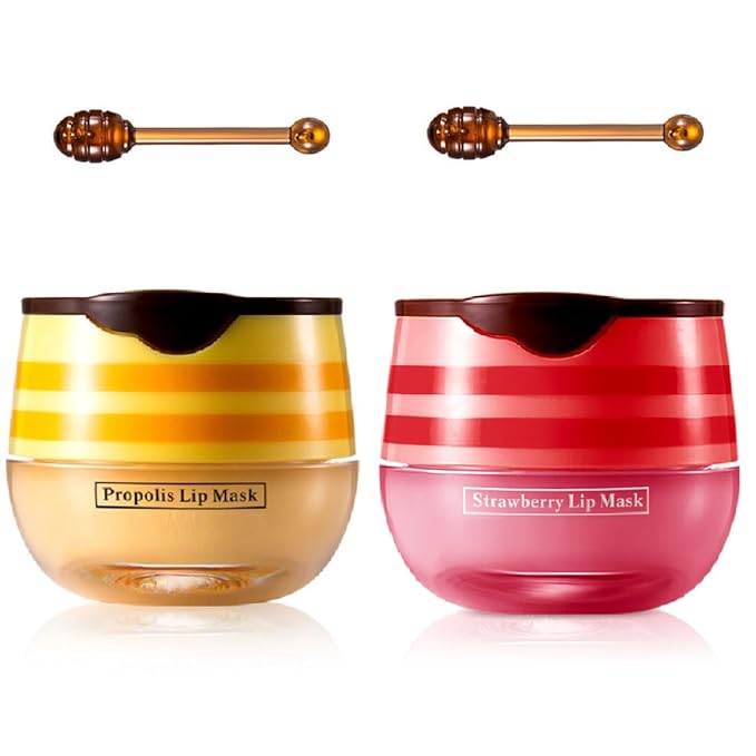 Bee Lip Balm Honey Pot,Honey Lip Mask Propolis Moisturizing Lip Balm with Stick,Hydrating and Prevention Dry and Cracked Lip Scrubs Exfoliator (2 PCS, Honey & Strawberry)-Velvo Beauty