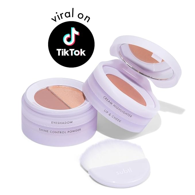 Subtl Beauty 4-in-1 travel makeup kit by subtl staks | eyeshadow duo, shine control powder, cream highlighter, lip and cheek | includes mirror lid and mini brush | stackable makeup designed for travel-Velvo Beauty