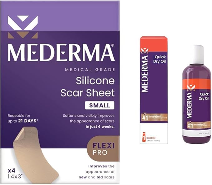 Mederma Scar Sheets and Oil Bundle; Improves Appearance of Scars and Stretch Marks; 4 Reusable Silicone Sheets and 3.4oz Fast Absorbing Botanical Oil-Velvo Beauty