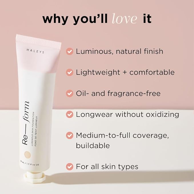 HALEYS Re-form Luminous Skin Foundation, VEGAN + CRUELTY-FREE, Blurs, Conceals, Blendable, Buildable Med-to-Full Coverage, Weightless, Oil-free, All-Day Wear, Hyaluronic Acid, All skin types (2.25)-Velvo Beauty