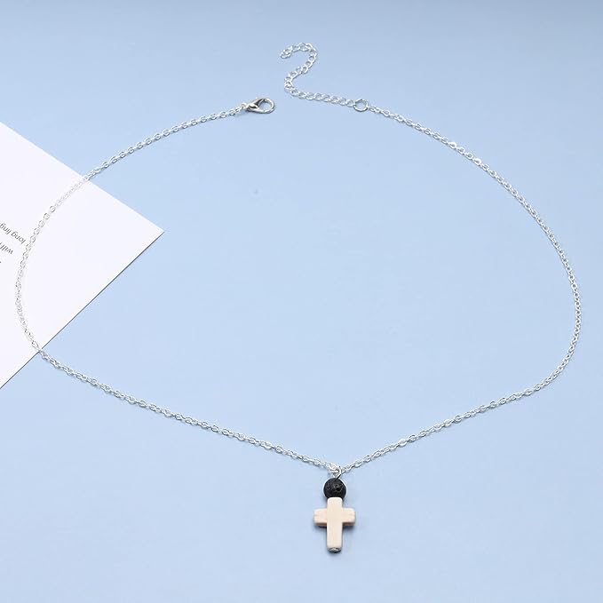 Boho Cross Pendant Necklace Black Lava Bead Choker Necklace Silver Chain Necklace Minimalist Everyday Necklace Jewelry for Women and Girls-Velvo Beauty