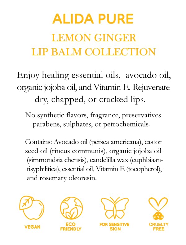 Lemon Ginger Lip Balm Collection, Vegan Lip Balm Set, Bees Wax Free, with Avocado Oil, Organic Jojoba Oil, Vitamin E, Natural Moisturizer For Dry, Cracked, or Chapped Lips, 3 Tube Set-Velvo Beauty