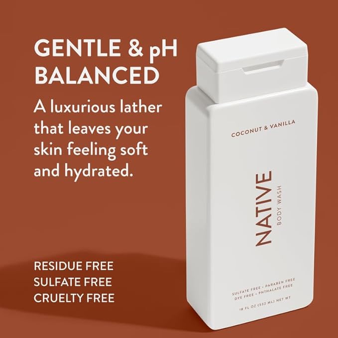Native Body Wash Contains Naturally Derived Ingredients | For Women & Men, Sulfate, Paraben, & Dye Free Leaving Skin Soft and Hydrated | Coconut & Vanilla 18 oz - 2 Pk-Velvo Beauty