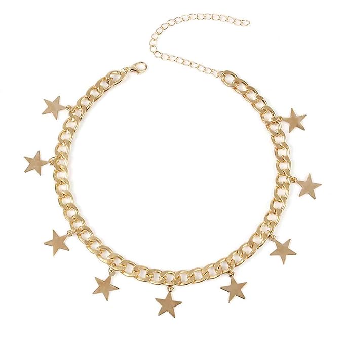 Boho Star Dangle Choker Necklace Gold Chunky Curb Chain Necklace Punk Thick Chain Choker Necklace Minimal Short Chain Necklace Jewelry for Women and Girls-Velvo Beauty