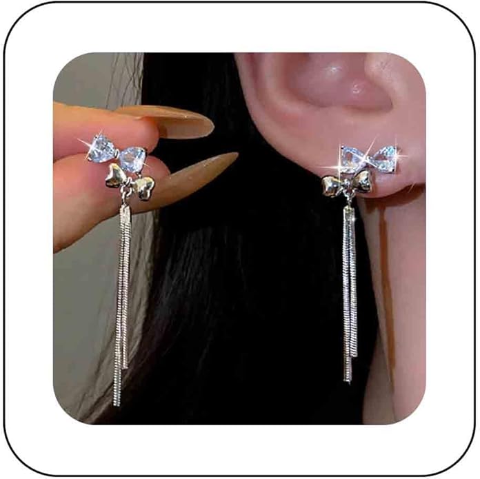 Vintage Crystal Bow Chain Drop Earrings Rhinestone Heart Stud Earrings Silver Long Chain Tassel Earrings Sparkly Cz Bridal Earrings Jewelry for Women-Velvo Beauty