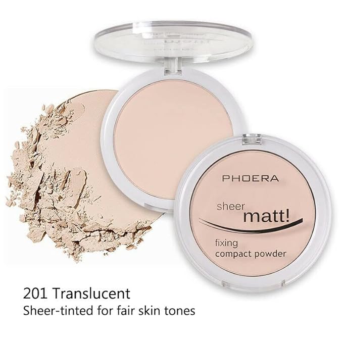 AQUAPURITY - PHOERA Sheer Matte Fixing Powder Makeup Base Fixer Setting Powder Foundation Fixing Compact Pressed Powder Long Lasting Make Up Fixer Skin Vitamin E Beauty Blender (201 Translucent)-Velvo Beauty