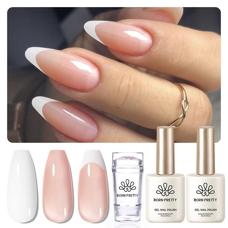 Born Pretty French Manicure Kit, Nail Stamper and 2Pcs Gel Nail Polish, Include Jelly Nude White Colors for French Tip DIY Salon, U V Light Cure-Velvo Beauty