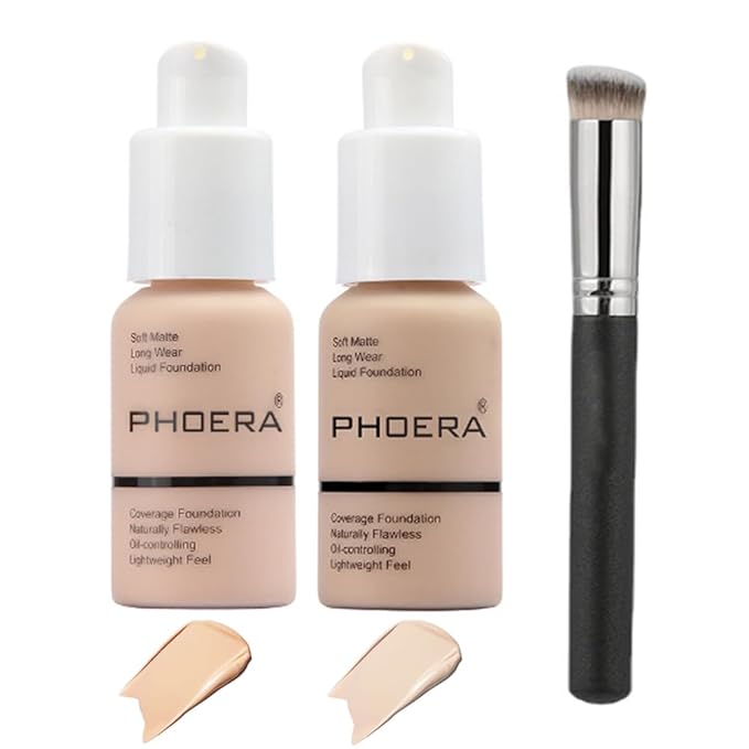 2 Pcs Liquid Foundation 101 and 102 with Kabuki Foundation Brush Flat Top,Full Coverage Foundation Makeup Set,30ml 24HR Matte Oil Control Concealer(Porcelain & Nude)-Velvo Beauty