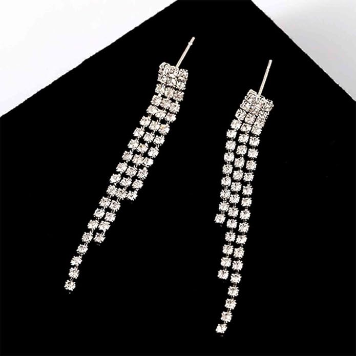 Boho Rhinestone Tassel Earrings Long Fringe Drop Dangle Earrings Silver Crystal Chain Tassel Earrings Vintage Chandelier Chain Studs Earrings Luxury Statement Earrings Jewelry for Women and Girls Gifts-Velvo Beauty