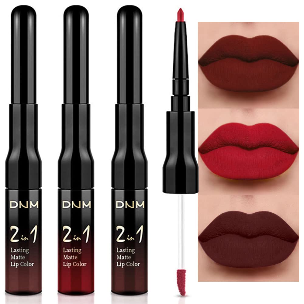 evpct 3Pcs Dark Brown Ruby Deep Red Matte Lip Liner Pencil and Liquid Lipstick Sets for Women Long Lasting Waterproof, 24 Hour Lipstick Lip Stick/Gloss Set labiales mate 24 horas originales, 02-Velvo Beauty