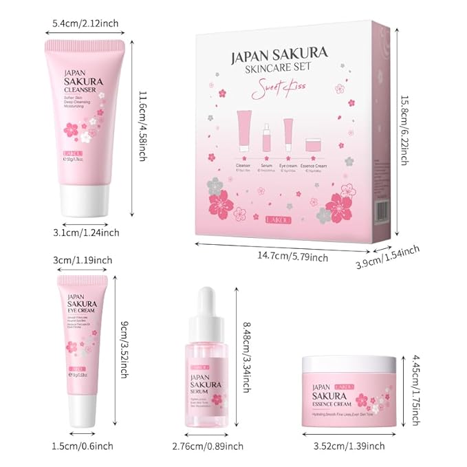 Skin Care Set JAPAN SAKURA Beauty Gift Sets Skin Care Kit with Cleanser, Serum, Eye Cream, Face Cream Travel Kit for Women Mom Wife Teen Girls Gentle Skin Cleaning TSA-friendly Sizes 4pcs-Velvo Beauty