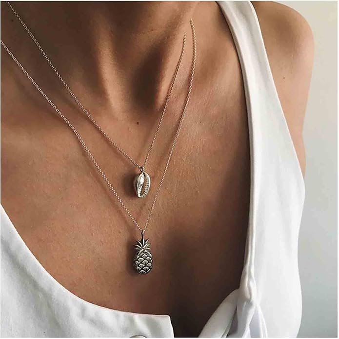 Boho Layered Shell Pineapple Choker Necklace Silver Seashell Pendant Necklace Vintage Cowrie Shell Necklace Beach Charm Necklace Jewelry for Women Gifts-Velvo Beauty