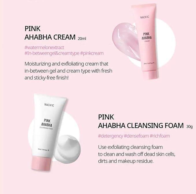 Nacific Pink AHA BHA Kit (Cleansing Foam, Toner, Serum, Cream) Travel Size Skin Care Set-Velvo Beauty
