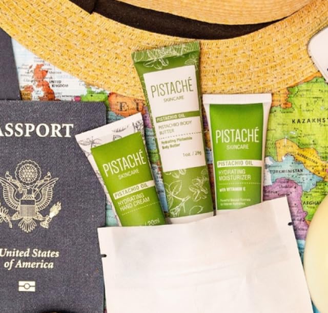 Pistaché Skincare Pistachio Oil 5-Pc Mini Collection (Travel) + Body Butter, Hand Cream, Biscotti Perfume, Eye Cream & Face Moisturizer + Hydrates and Nourishes + Vitamin E + Antioxidant Protection-Velvo Beauty