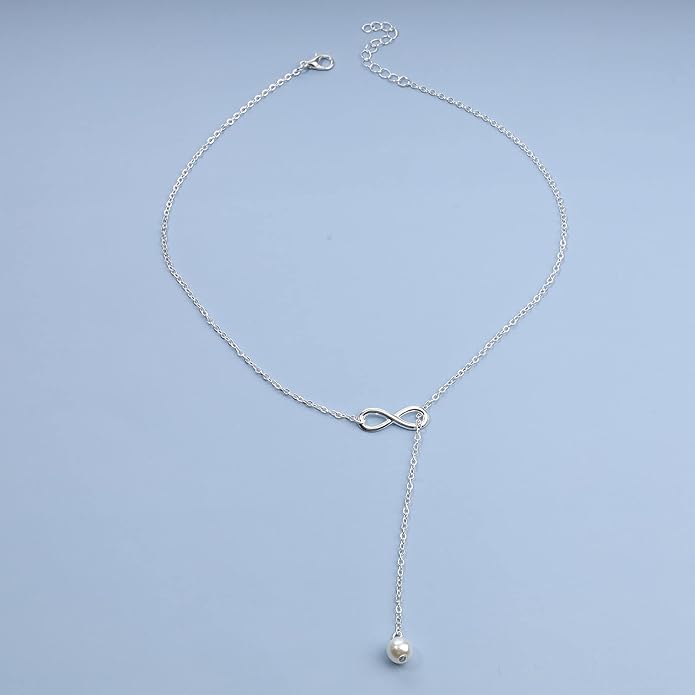 Boho Pearl Infinity Necklace Silver Y Pearl Necklace Minimalist Chain Y Lariat Necklace Chain Jewelry for Women and Girls-Velvo Beauty
