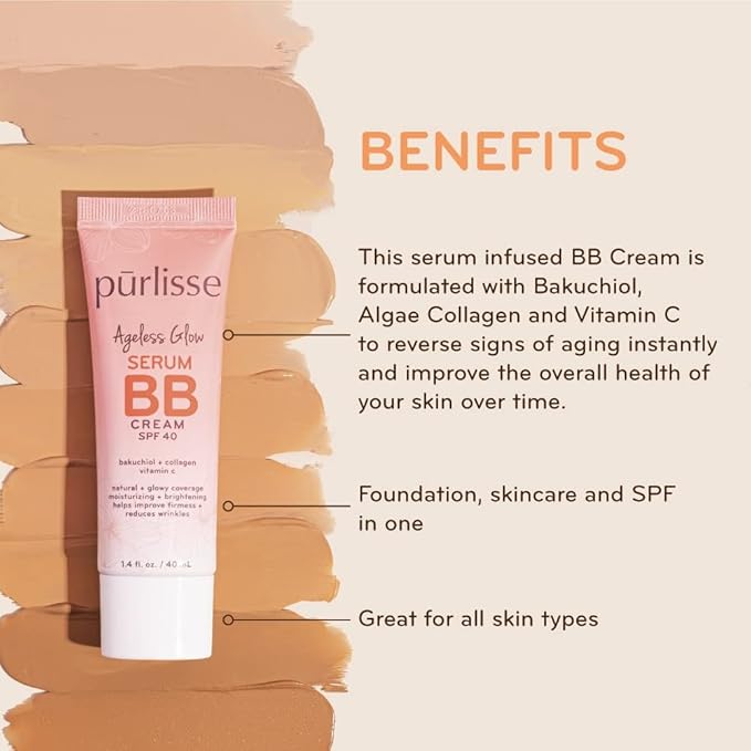 pūrlisse Ageless Glow Serum BB Cream SPF 40 : Clean & Cruelty-Free, Full & Flawless Coverage, Hydrates with Collagen | Deep 1.4oz-Velvo Beauty