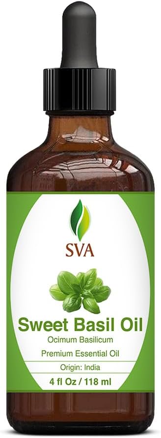 SVA Sweet Basil Essential Oil – 4 Fl Oz – 100% Natural Basil Oil - for Diffuser, Hair Care, Face, Skin Care, Aromatherapy, Scalp and Body Massage, Soap and Candle Making – with Dropper-Velvo Beauty