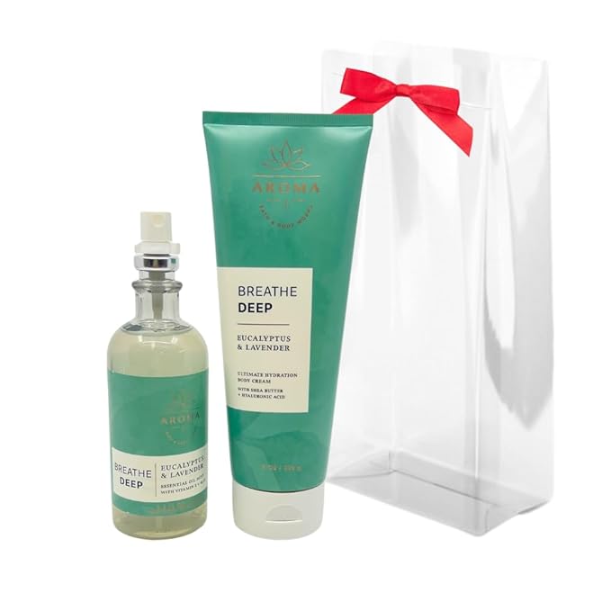Bath & Body Works Aromatherapy Breathe Deep Eucalyptus & Lavender Gift Set with a Red Bow for Holidays & Gifts – Essential Oil Mist & Body Cream-Velvo Beauty