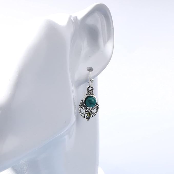 Boho Ethnic Turquoise Drop Earrings Silver Teardrop Turquoise Earrings Gemstone Hook Earrings Retro Drop Dangle Earrings Jewelry for Women and Girls-Velvo Beauty