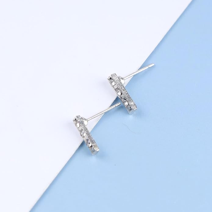 Geometric Crystal Bar Earrings Silver Cz Bar Stick Earrings Cz Rhinestone Bar Stud Earrings Silver Minimalist Earrings Jewelry for Women and Girls-Velvo Beauty