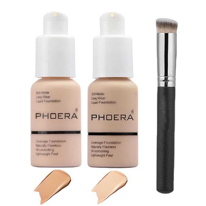 2 Pcs Phoera Foundation Makeup 102 and 104 Liquid Full Coverage 24HR Matte Oil Control Foundation Makeup Concealer (Nude & Buff Beige) with Kabuki Foundation Brush Flat Top-Velvo Beauty