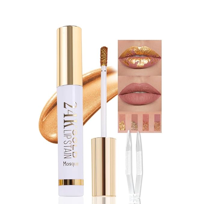 2025 New 24K Gold Liquid Lip Gloss Peel Off Lip Stain Tattoo with Tweezer, Ruby Red Lips Stain Peel Off Masque, Long Lasting Waterproof Lip Tint Stain, Transfer-proof for All Skin Types 03#-Velvo Beauty