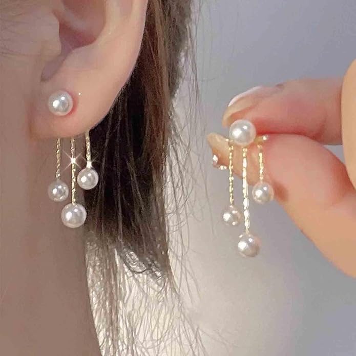 Boho Pearl Drop Dangle Earrings Gold Pearl Ear Jacket Earrings Vintage Dangle Pearl Tassel Earrings Double Way Front Back Earrings Jewelry for Women Gifts-Velvo Beauty