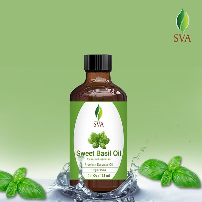 SVA Sweet Basil Essential Oil – 4 Fl Oz – 100% Natural Basil Oil - for Diffuser, Hair Care, Face, Skin Care, Aromatherapy, Scalp and Body Massage, Soap and Candle Making – with Dropper-Velvo Beauty