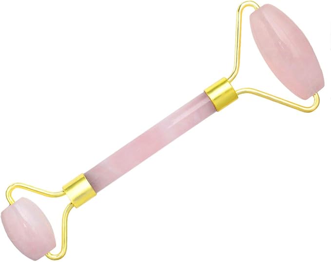 Rockcloud Natural Crystal Stone Roller Massager Double Neck Face & Neck Massage Therapy Anti-Aging Wrinkle Healing Slimming Skincare Tool,Rose Quartz-Velvo Beauty