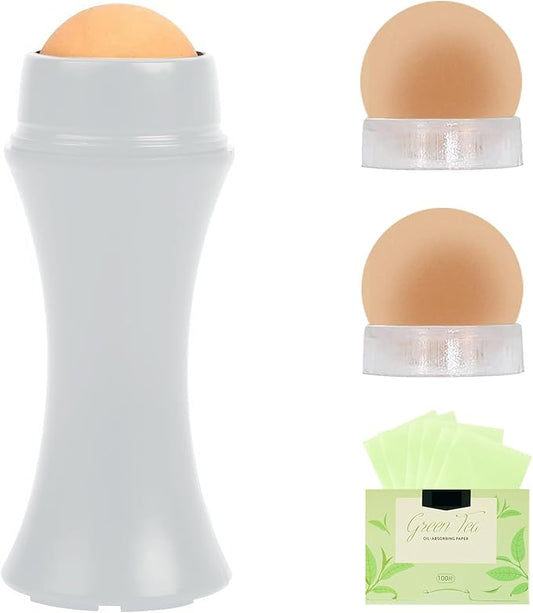 Oil-Absorbing Volcanic Face Roller set with blotting paper and 2PC Replaceable Volcanic Balls,Reusable Portable Oily Skin Control Roller, Instant Results Remove Excess Shine Rolling (White Set)-Velvo Beauty