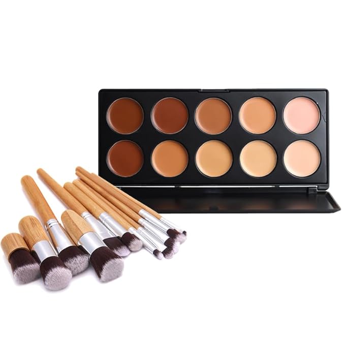 10 Shade Creamy Concealer Kit with Makeup Brush Set, 3 In 1 Professional Cream Concealer, Contour, Foundation, Color Corrector for Diminishes Appearance Dark Circles & Softens Fine Lines-Velvo Beauty