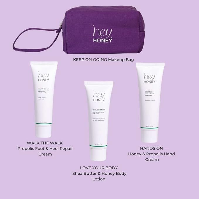 Hey Honey 4pc Set: Love Your Body Lotion, Walk The Walk Foot Cream, Hands On Honey Hand Cream, Eco Makeup Bag. Perfect for Valentine's, Xmas, Birthdays-Velvo Beauty