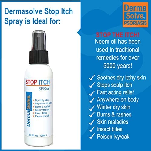 Dermasolve Stop Itch Spray with 100% Organic Neem Oil, Scalp and Body Psoriasis Relief, Dry Skin, Bites, Sunburn, Burns and Rashes-Velvo Beauty