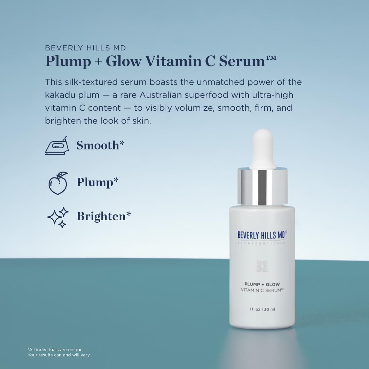Beverly Hills MD Plump + Glow Vitamin C Serum for Aging Skin- Plumping Anti Wrinkle Lines Formula - Smooth, Firm, Brighten Skin w/Kakadu Plum, Niacinamide, Pomegranate Oil, Red Algae Extracts-Velvo Beauty