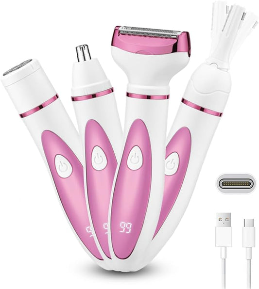 Electric Razor for Women, Bikini Trimmer Womens Shaver for Face Nose Eyebrow Body Leg Pubic Underarm Arm Ladies Rechargeable 4 in 1 Hair Removal Kit Painless Trimming, Gifts for Women (Pink)-Velvo Beauty