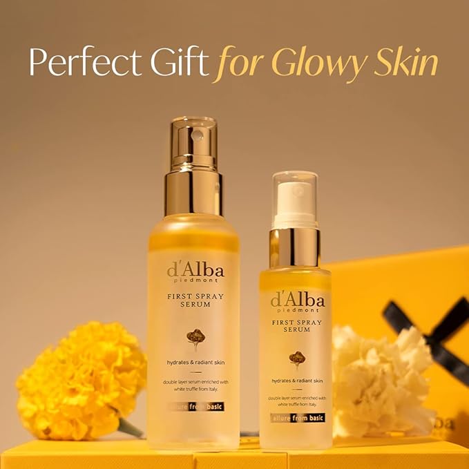 d'Alba Travel Essencial Gift Set, White Truffle First Spray Serum Full Size & Travel Size with Yellow Pouch, Korean Skin Care-Velvo Beauty