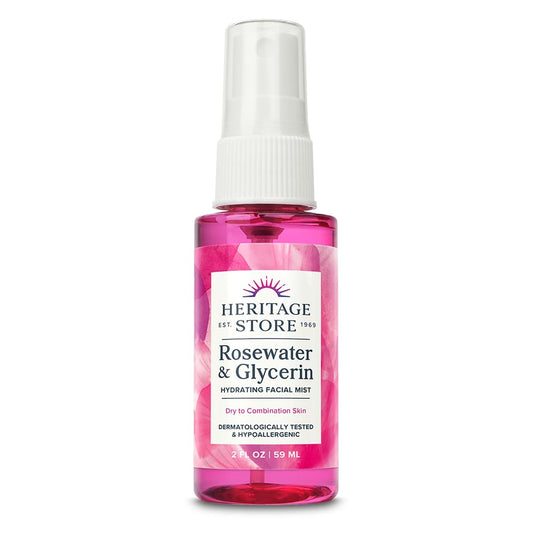 HERITAGE STORE Rosewater & Glycerin Hydrating Facial Mist - Dry Combination Skin Care - Rose Water Spray w/Vegetable Glycerine, Made Without Dyes or Alcohol, Hypoallergenic, Vegan, Cruelty Free, 2oz-Velvo Beauty