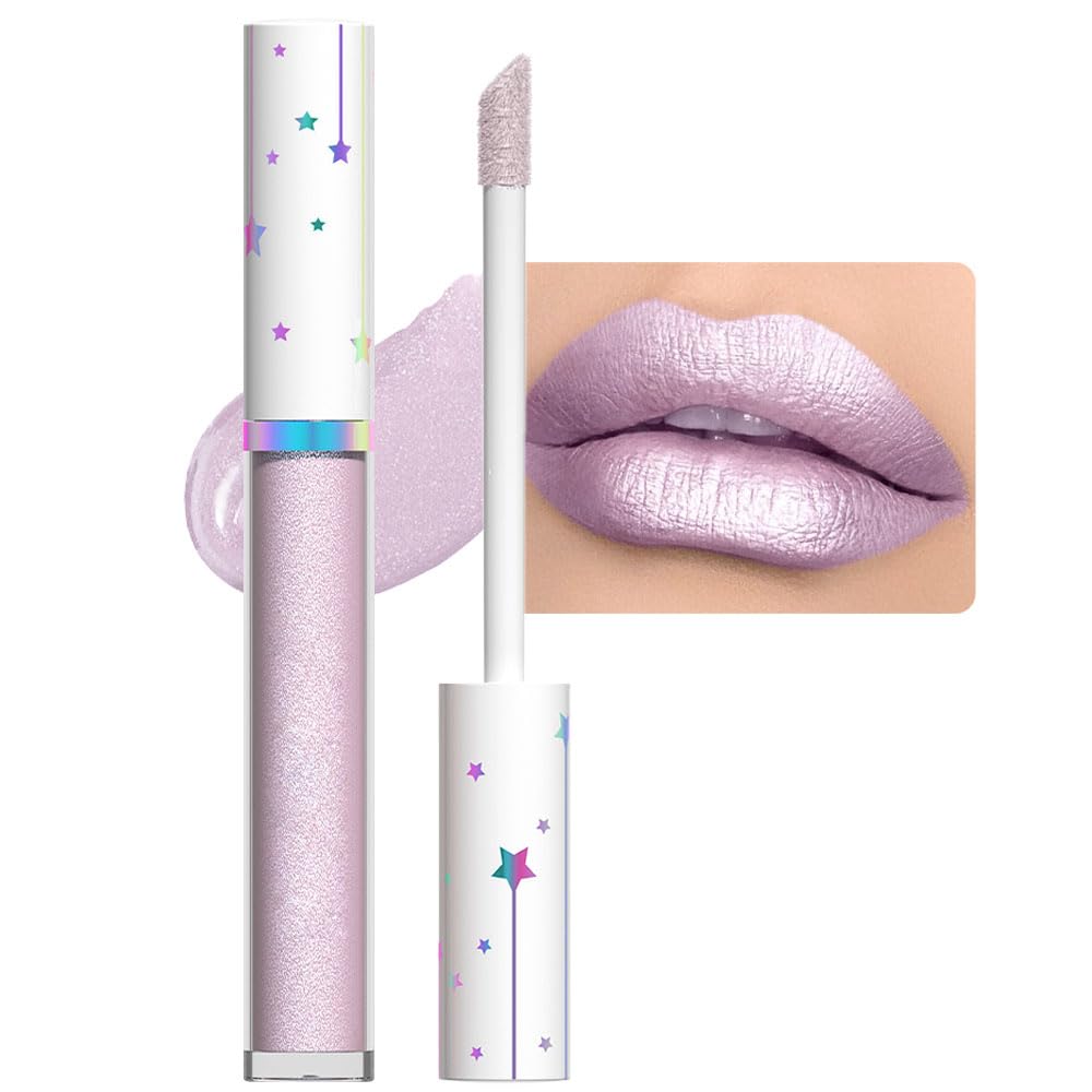 evpct 1Pcs Light Purple Glitter Metallic Lip Gloss Stain Lipstick for Women Long Lasting Waterproof 24, Light Voilet Purple Frosted Metallic Shimmer Chrome iridescent Liquid Lipstick Lip Gloss Makeup-Velvo Beauty