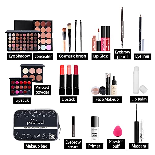 All in One Makeup Kit for Women Full Kit Girls Makeup Gift Sets Xmas Essential Bundle Include Eyeshadow Palette Lipstick Blush Concealer Eyeliner Mascara Foundation Brush Eyebrow Pencil-Velvo Beauty