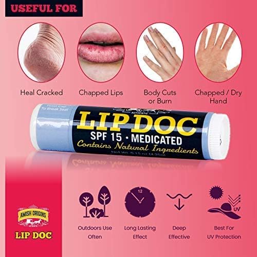 Amish Origins Lip Doc SPF 15 Medicated Lip Balm (2 PACK)- All-Natural Deep Moisturizing Lip Balm, Potent Formula for Chapped and Cracked Lips, All Natural Essential Oils-Velvo Beauty