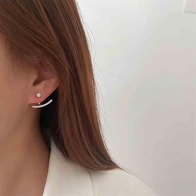 Crystal Bar Ear Climber Earrings Silver Rhinestone Ear Jacket Earrings Boho Bar Ear Crawlers Earrings Minimalist Geometric Moon Earrings Jewelry for Women and Girls-Velvo Beauty