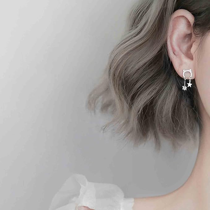 Crystal Cat Studs Earrings Silver Crystal Star Dangle Earrings Boho Rhinestone Drop Earrings Natural Inspired Animal Earrings Jewelry for Women and Girls Cat Lover Gifts-Velvo Beauty