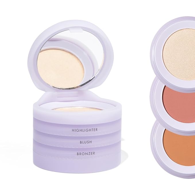 Subtl Beauty 3-in-1 travel makeup kit by subtl staks | powder blush, bronzer, and highlighter | includes mirror lid and mini brush | for medium-tan skin tones-Velvo Beauty