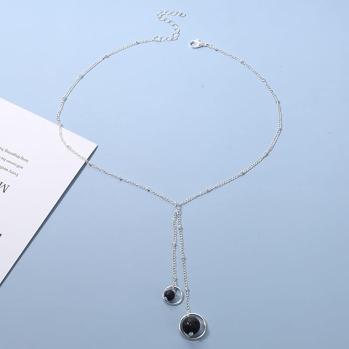 Boho Lava Stone Necklace Chain Silver Layered Chain Y Necklace Lava Bead Lariat Necklace Anxiety Essential Oil Diffuser Necklace Jewelry for Women-Velvo Beauty