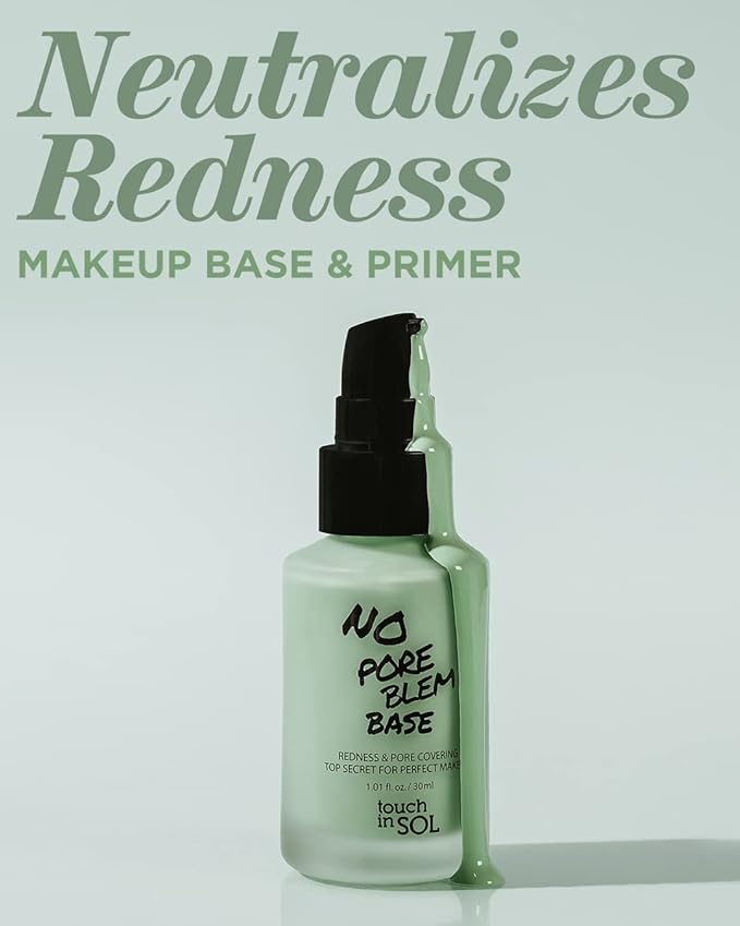 TOUCH IN SOL Redness Correcting Base Primer 1.01 fl.oz. - Pore Minimizing Green Toned Makeup Base - Tone Neutralizing before Foundation - Minimize Rosacea, Redness - No Pore Blem Primer Base-Velvo Beauty