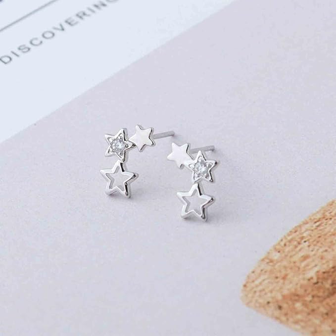 Boho Rhinestone Star Ear Climber Earrings Silver Cluster Star Earrings Minimal Crawler Earrings Vintage Studs Earrings Jewelry for Women and Girls-Velvo Beauty